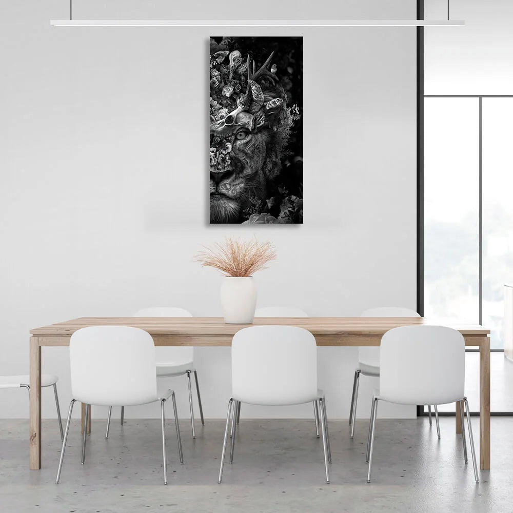 Schwarz-weißer Löwe und Schildkröte in Blumen auf Leinwand, Wandbild