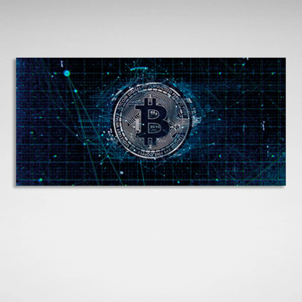 Bitcoin in Silberfarbe auf dunkelblauem Hintergrund Inspirierender Leinwand-Kunstdruck