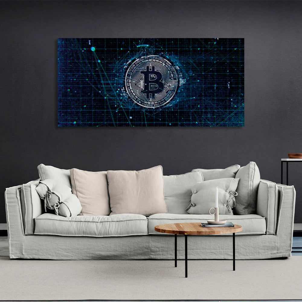 Bitcoin in Silberfarbe auf dunkelblauem Hintergrund Inspirierender Leinwand-Kunstdruck