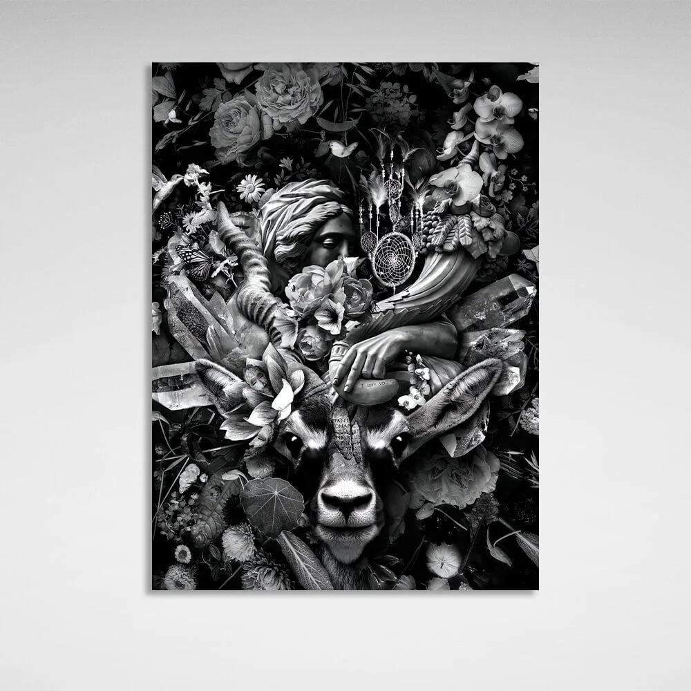 Kunstdruck auf Leinwand, Motiv: Schwarz-weiße Antilope in Blumen