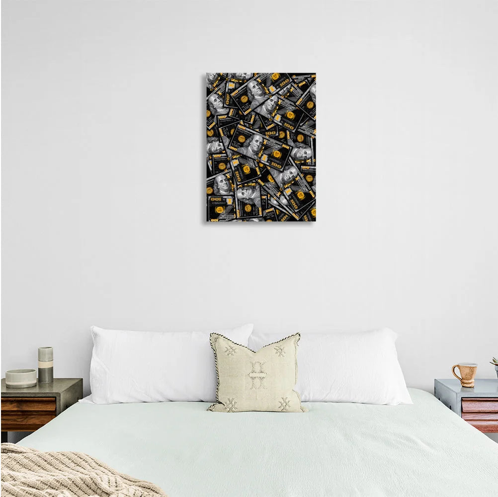 Inspirierender Kunstdruck auf Leinwand, Schwarz und Gold, Dollar