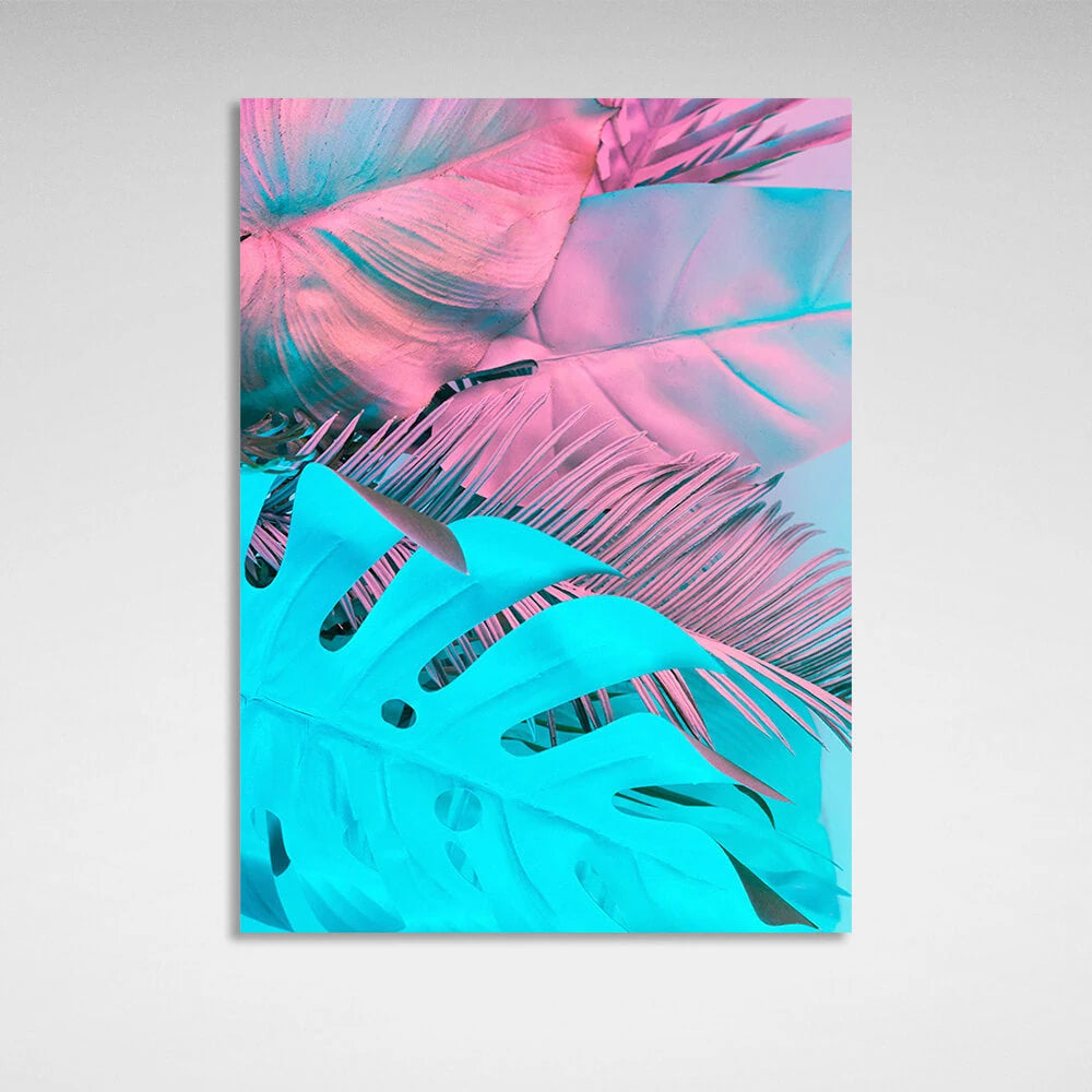 Kunstdruck auf Leinwand mit tropischen Blättern in Blau und Rosa