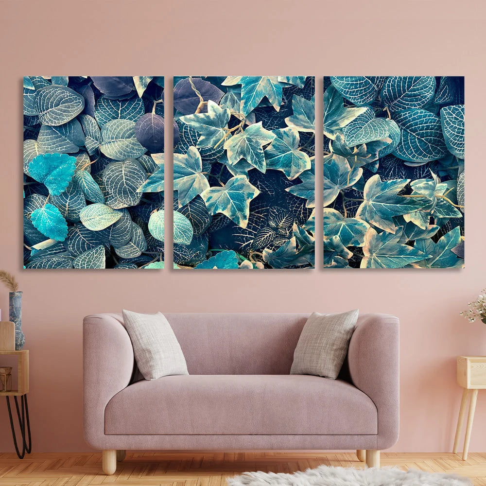 Kunstdruck auf Leinwand, mehrteilig, Efeu und Fittoni-Blätter, Blau