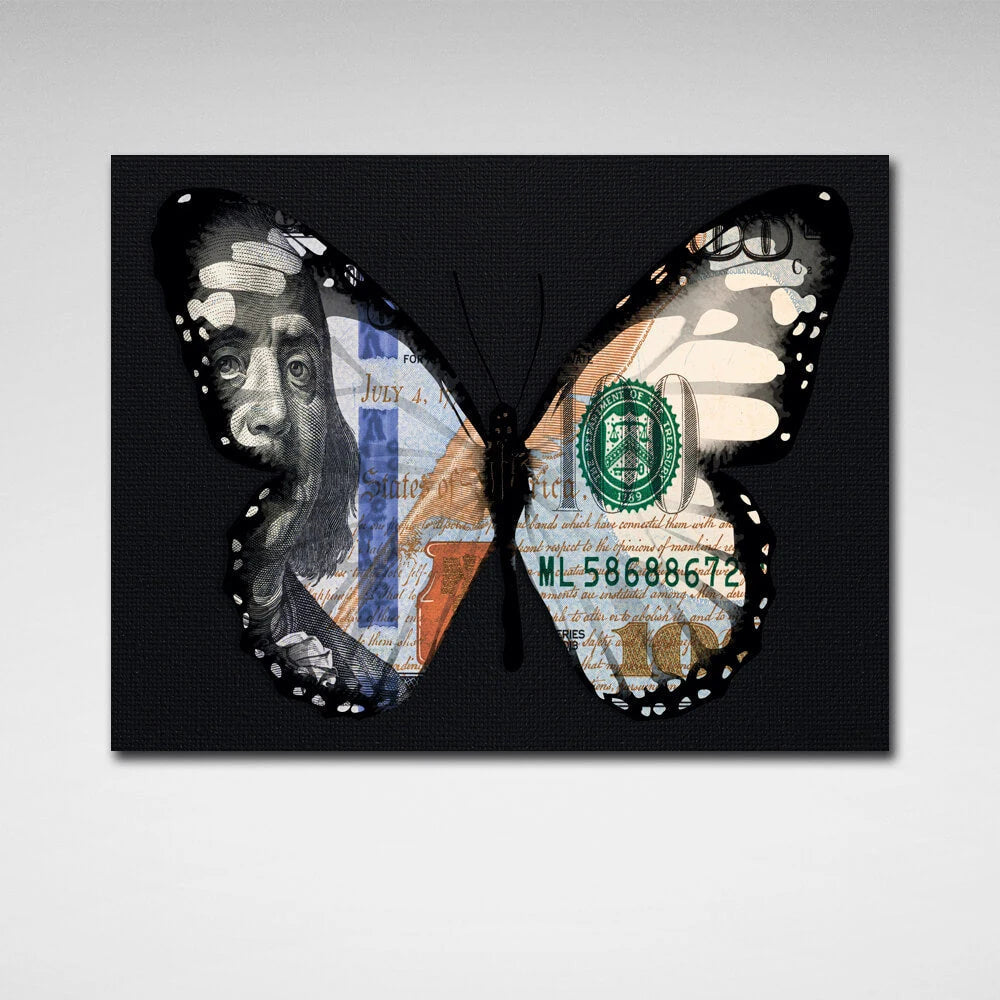 Schmetterling Dollar schwarz motivierende Leinwand Wand Kunstdruck