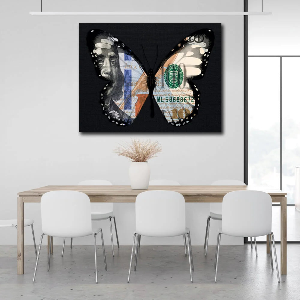 Schmetterling Dollar schwarz motivierende Leinwand Wand Kunstdruck