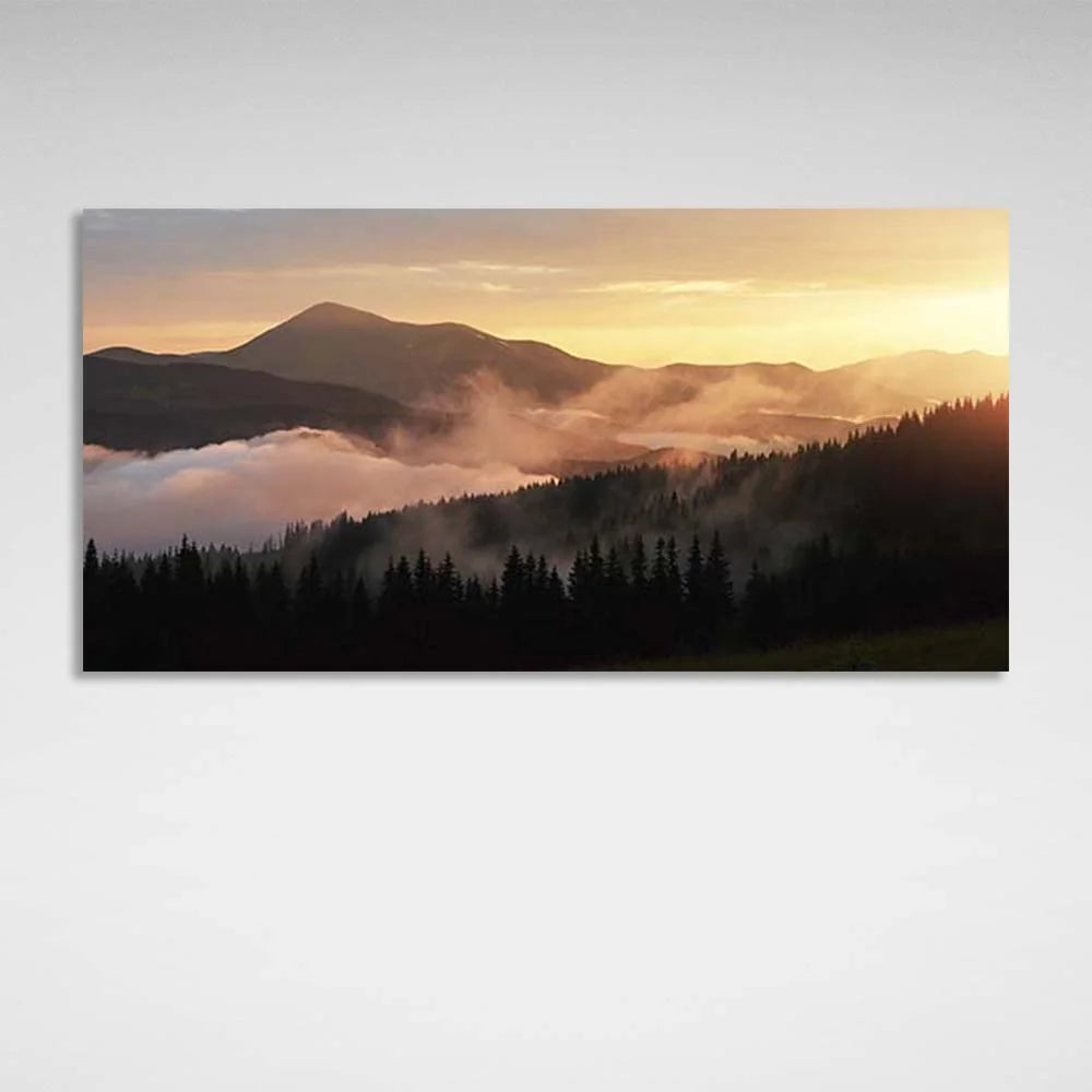 Leinwandbild, Wandbild, Nebel in den Sonnenuntergangsbergen