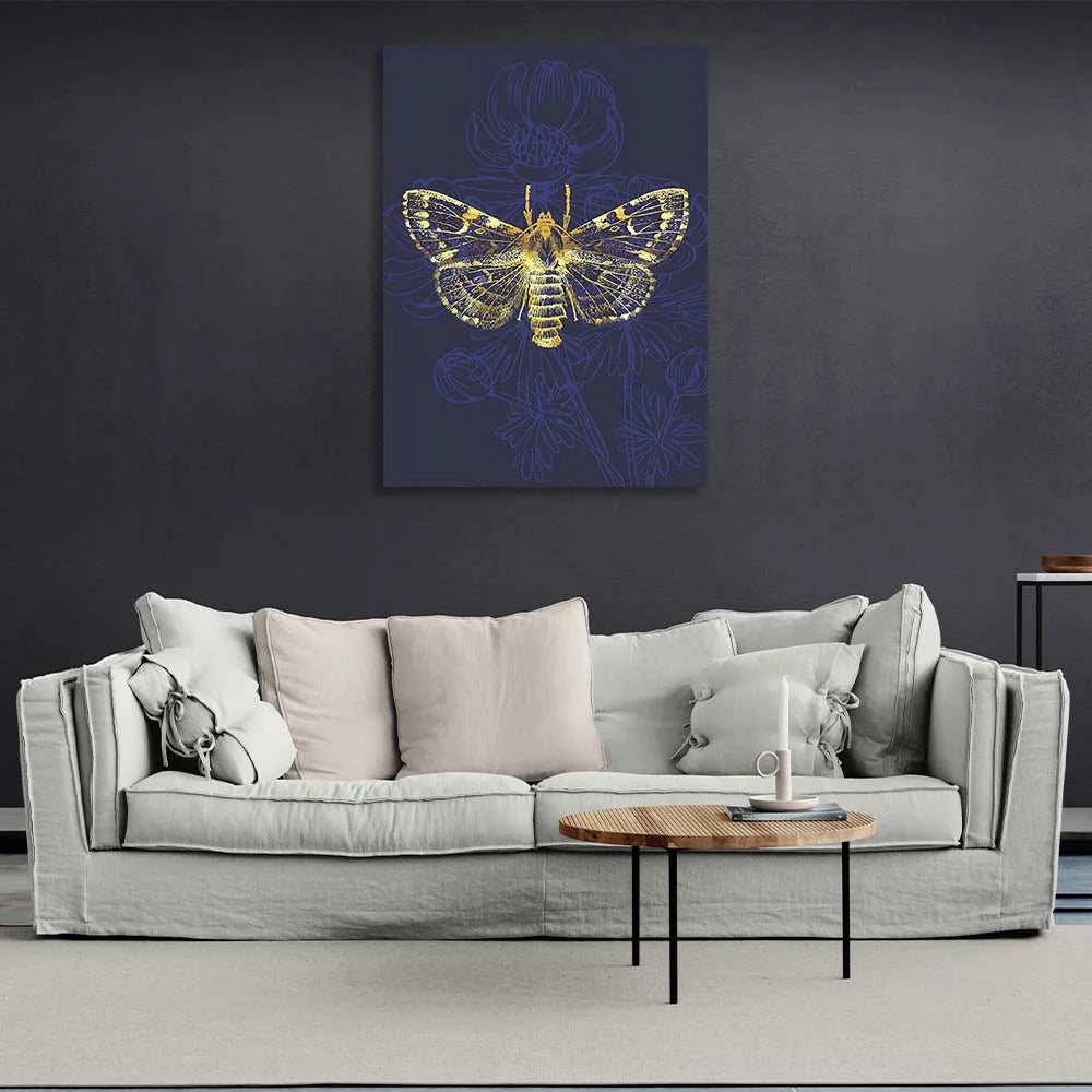 Canvas Wall Art Print Golden moth on dark blue background