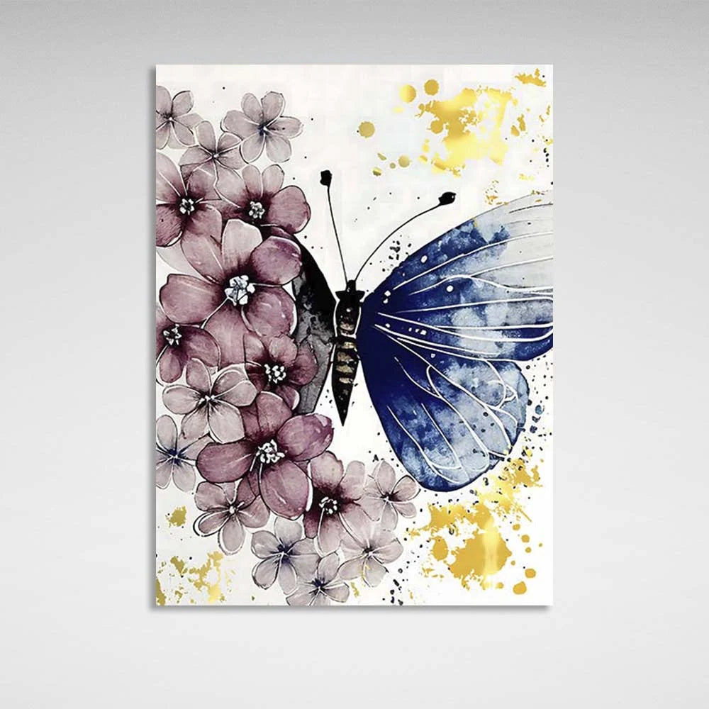 Kunstdruck auf Leinwand, goldener Aquarell-Schmetterling auf einem Blumenfeld