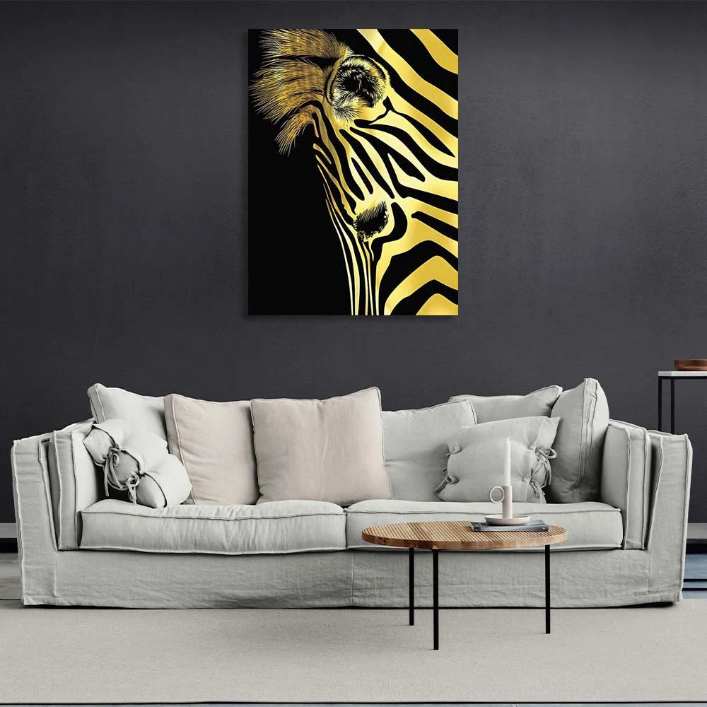 Leinwandbild, goldener Zebrakopf auf schwarzem Hintergrund