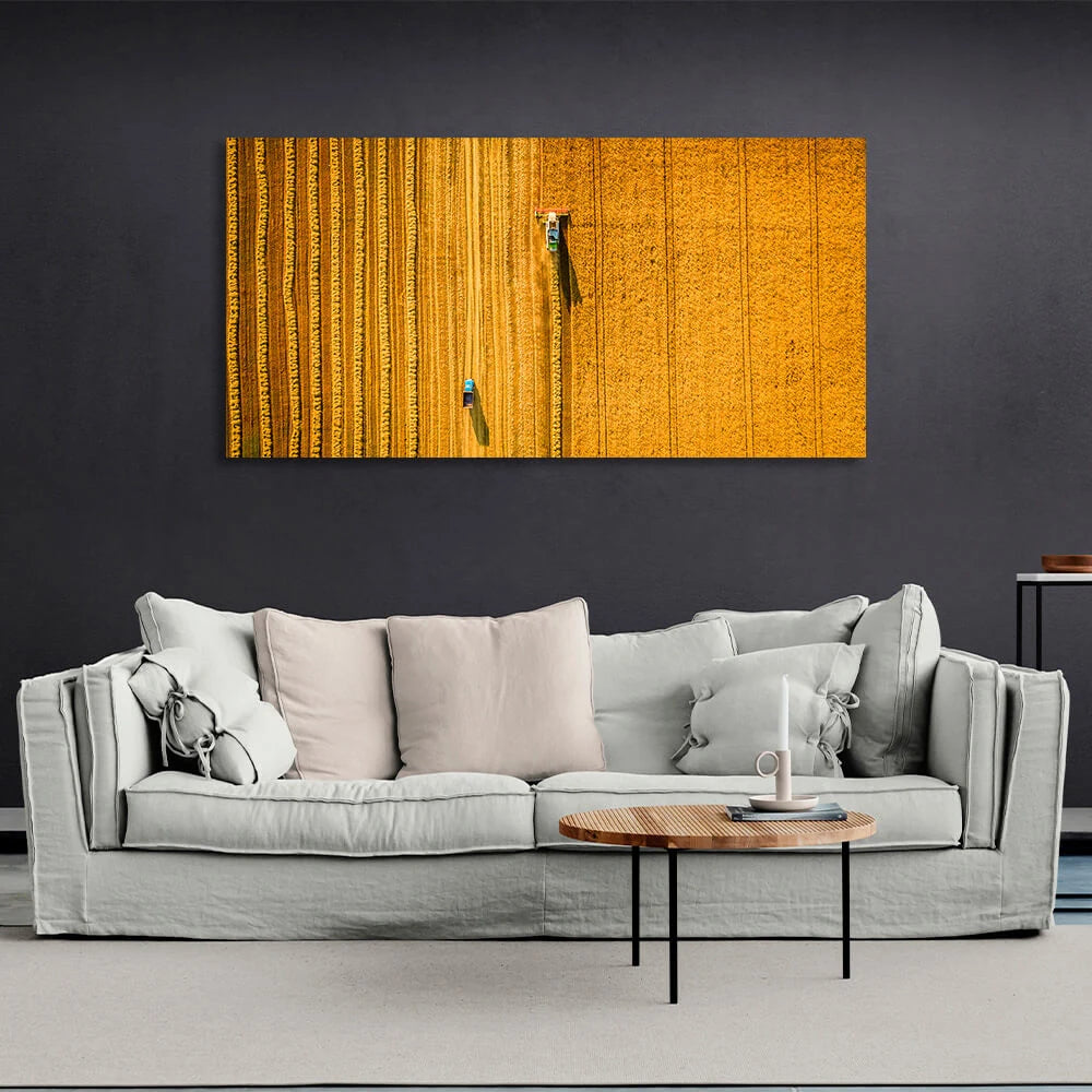 Kunstdruck auf Leinwand, Motiv: Mähdrescher im Getreidefeld von oben