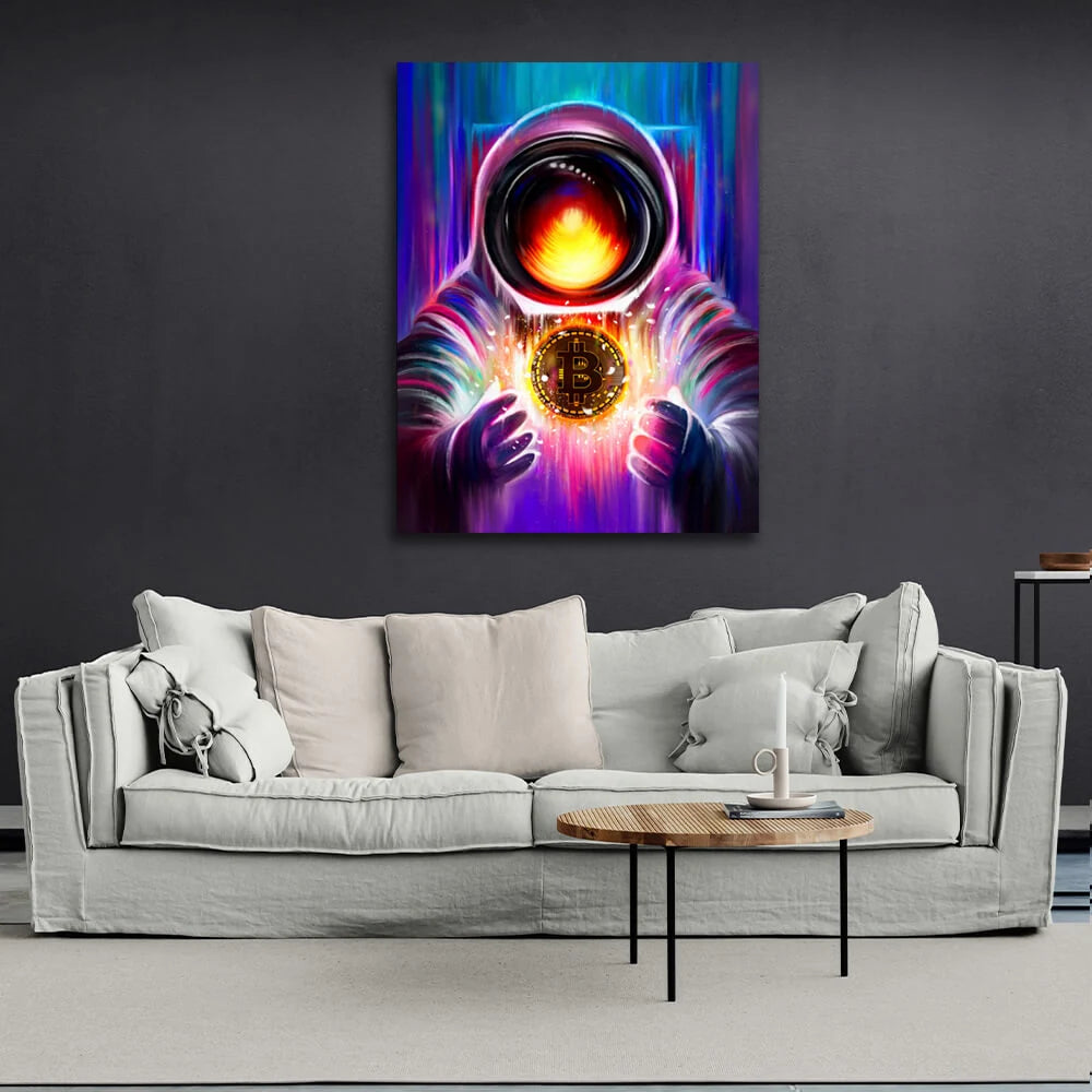 Cosmonaut and Bitcoin coin Motivational Canvas Wall Art Print