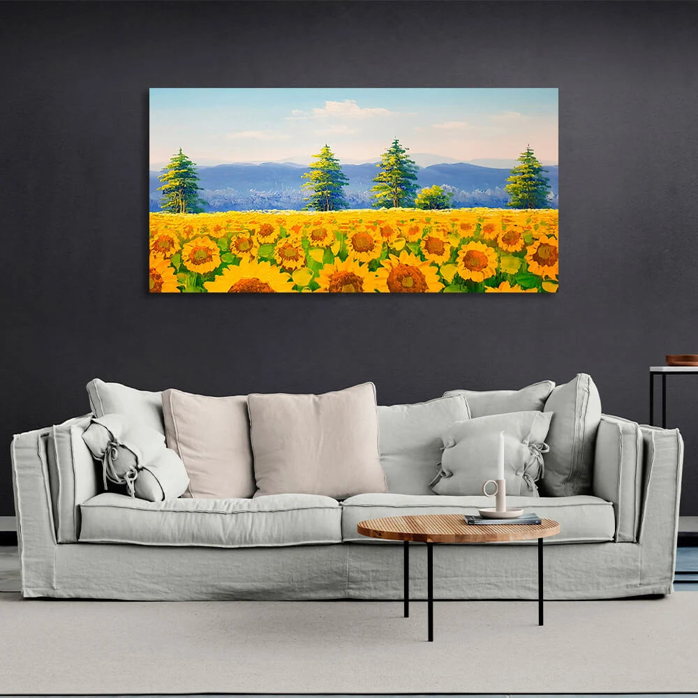 Leinwandbild „Feld mit Sonnenblumen“, Pinselmalerei, Kunstdruck