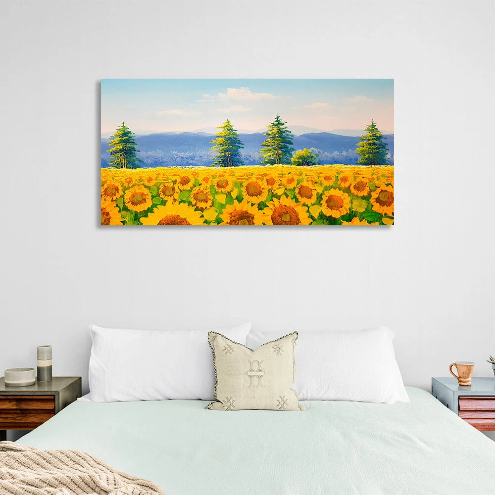 Leinwandbild „Feld mit Sonnenblumen“, Pinselmalerei, Kunstdruck
