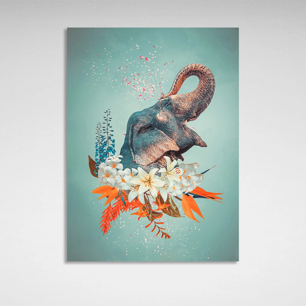 Kunstdruck auf Leinwand mit Elefantenkopf in Blumen auf türkisfarbenem Hintergrund