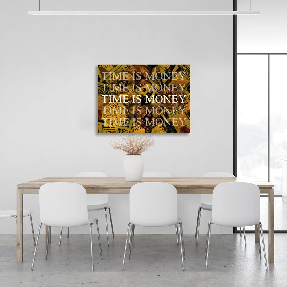 Dollars and bitcoin time money on a yellow background Motivational Canvas Wall Art Print
