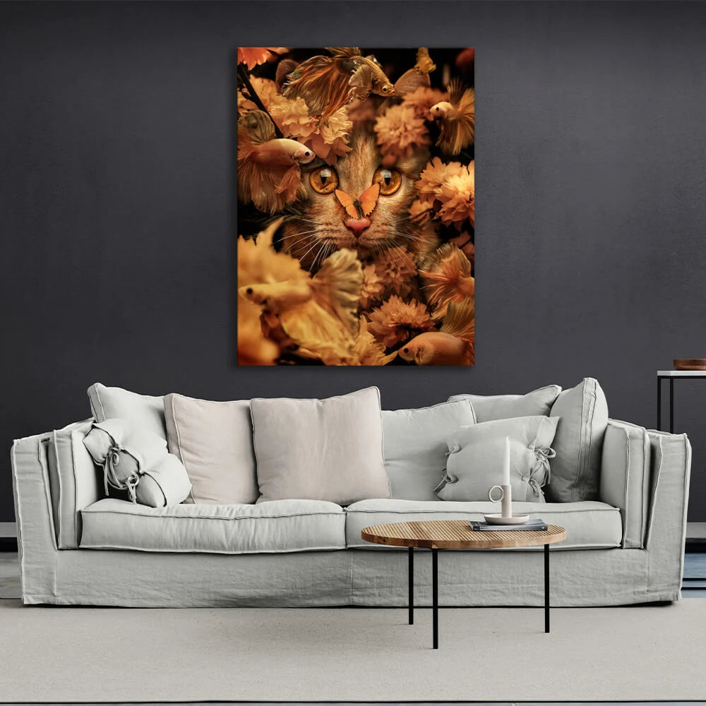 Für Zuhause: Leinwandbild „Rote Katze, Blumen und Fisch“