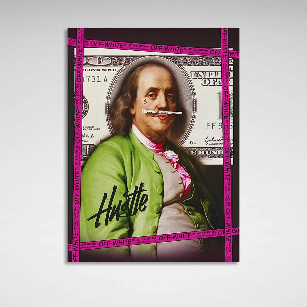Franklin vor dem Hintergrund eines inspirierenden Kunstdrucks auf Leinwand im Wert von 100 US-Dollar