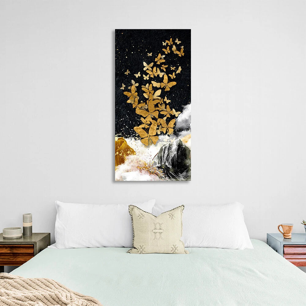 Golden butterflies rock and white fog on black background Abstraction Canvas Wall Art Print