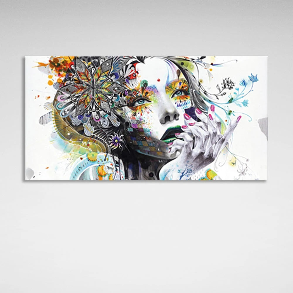 Kunstdruck auf Leinwand „Mädchen im Blumendruck auf weißem Hintergrund“