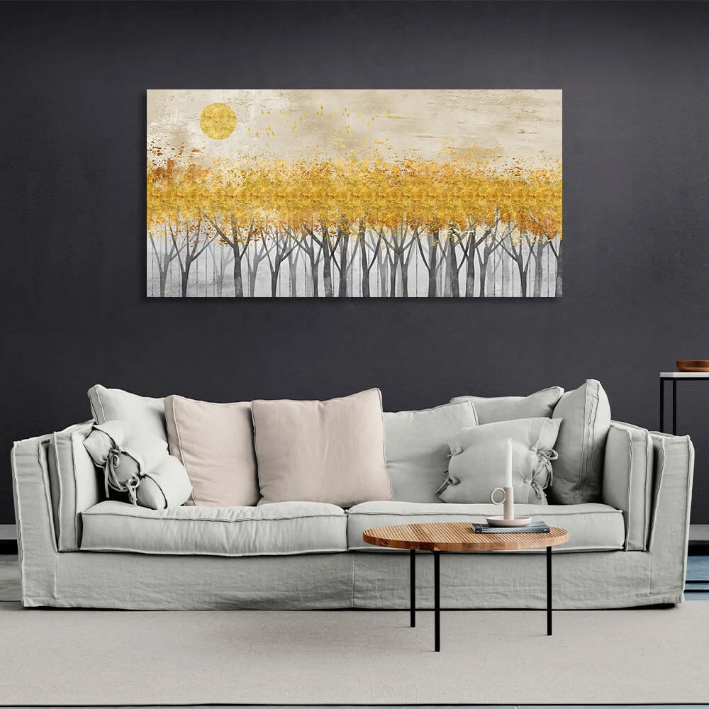 Leinwandbild „Graue Bäume mit goldenen Spitzen und Mondlicht“