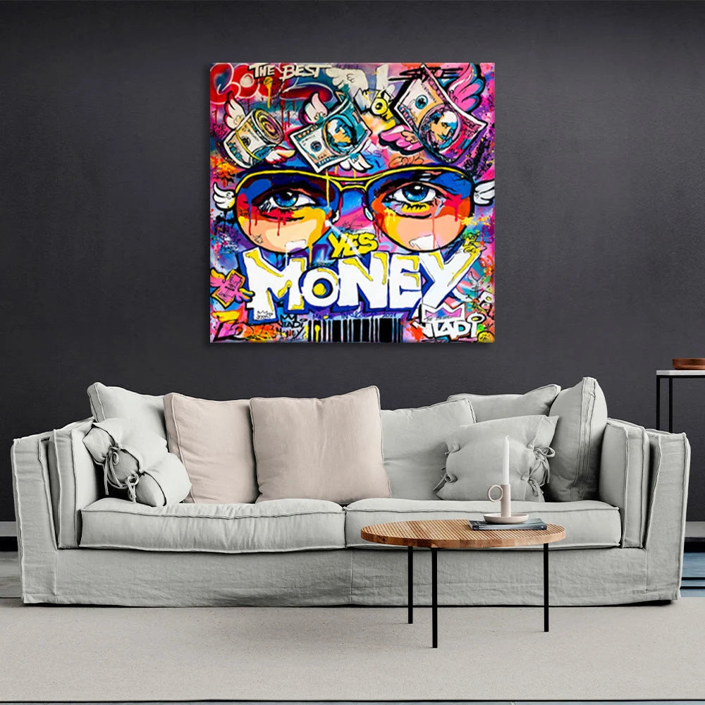 Graffiti mit der Aufschrift „Yes Money“ – inspirierender Kunstdruck auf Leinwand