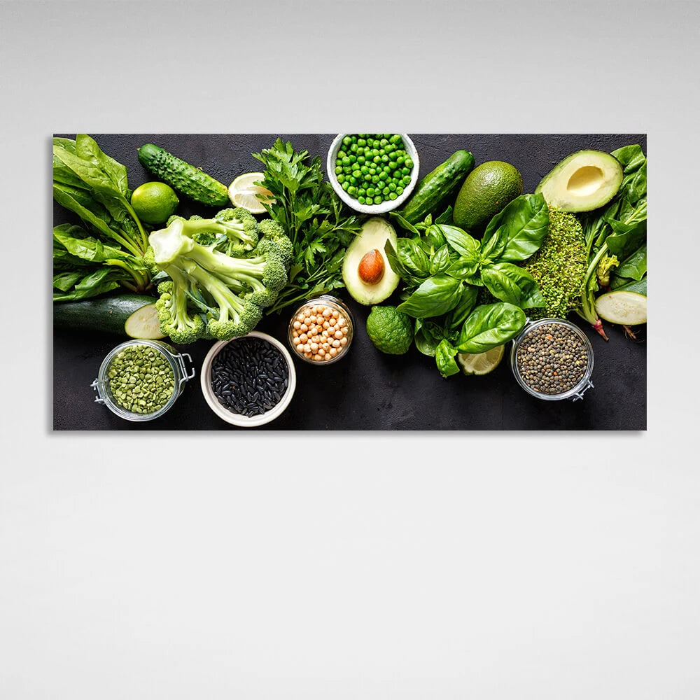 Greens, kale, peppers, avocado Canvas Wall Art Print For Kitchen