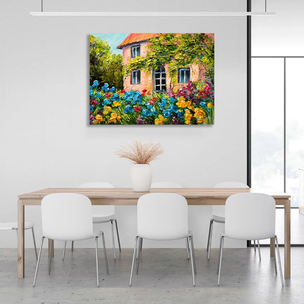 Leinwandbild „Haus mit Blumen und Bäumen“
