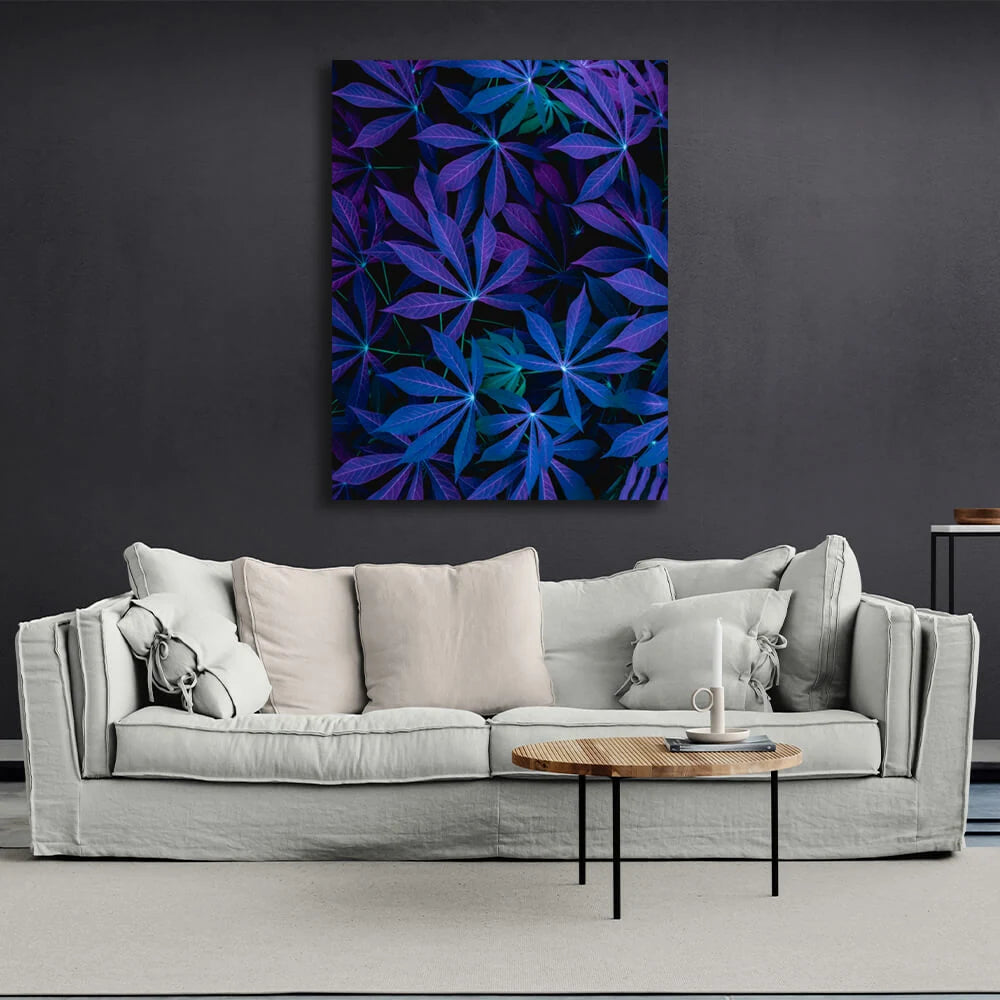 Kunstdruck auf Leinwand mit tropischen Blättern, Blau