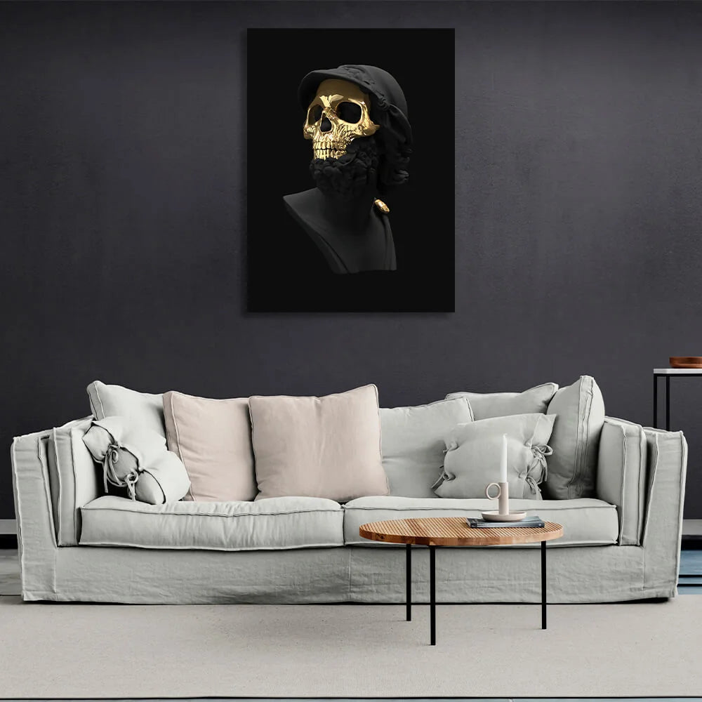 Interior A black statue of a man wearing a gold mask Canvas Wall Art Print