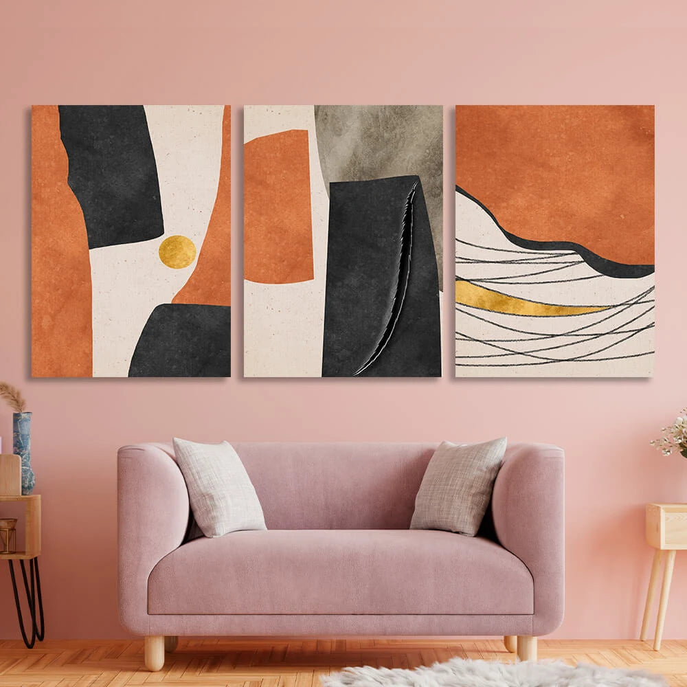 Modularer abstrakter Kunstdruck auf mehrteiliger Leinwand mit ausgeprägtem Orangeton