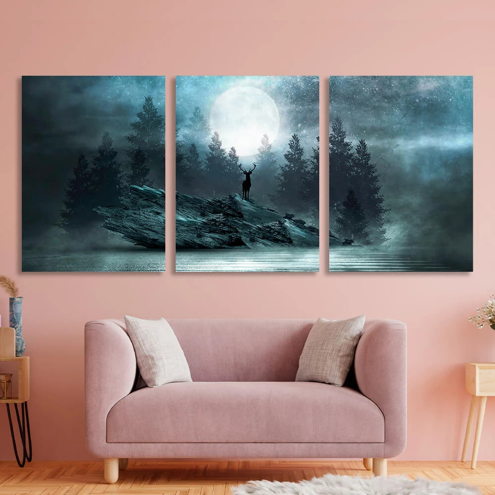 Modularer Kunstdruck auf Leinwand, Motiv: Hirsch auf einem Felsen, mehrere Teile