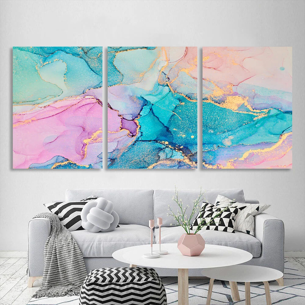 Modularer, abstrakter Kunstdruck auf Leinwand, mehrteilig, türkis-puderfarben