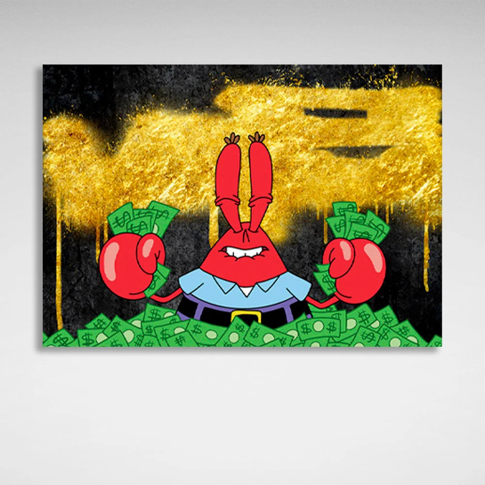 Mr. Krabs in einem Haufen Geld auf einem schwarz-goldenen Hintergrund. Inspirierender Kunstdruck auf Leinwand.