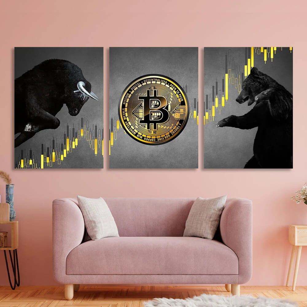 Modularer 3-teiliger Bitcoin-Bulle und -Bär auf grauem Hintergrund, mehrteiliger Kunstdruck auf Leinwand