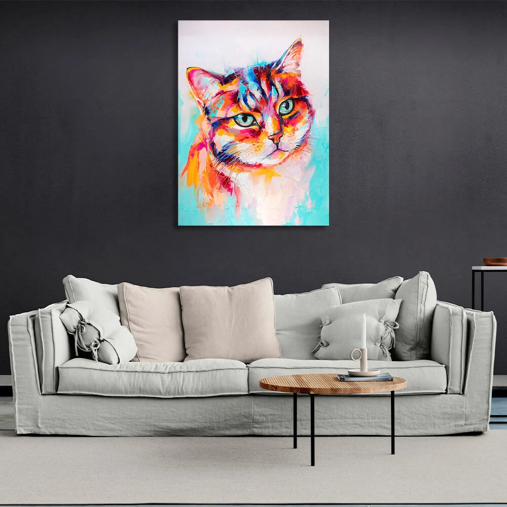 Leinwandbild mit bunter Katzenimitationszeichnung