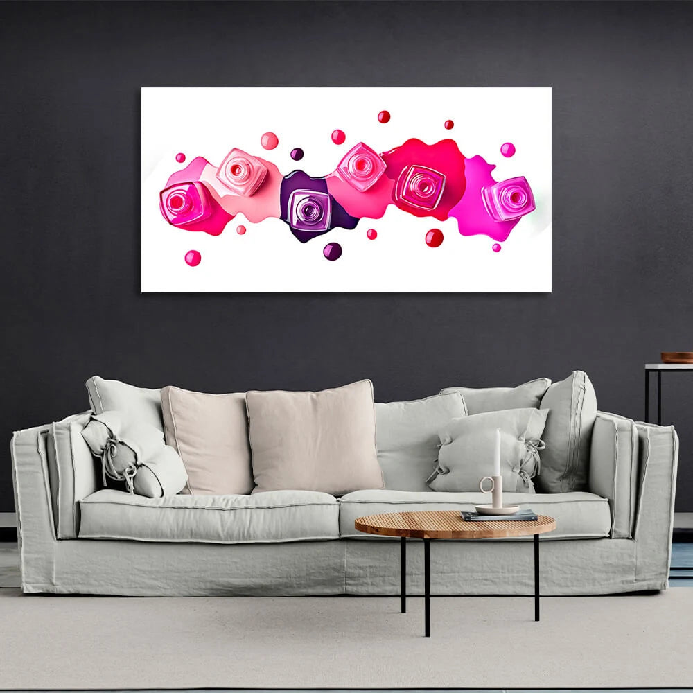 Kunstdruck auf Leinwand, rosa, rot und lila Nagellack auf weißem Hintergrund