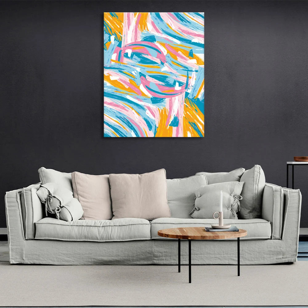 Orange, rosa und blaue Farblinien-Abstraktion. Abstraktion auf Leinwand, Wand-Kunstdruck
