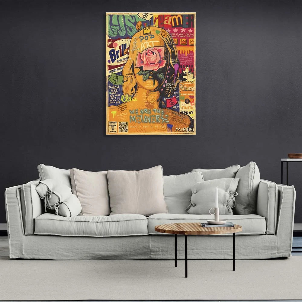 Pop Art – Kunstdruck auf Leinwand, Motiv: Frauengesicht mit Rose