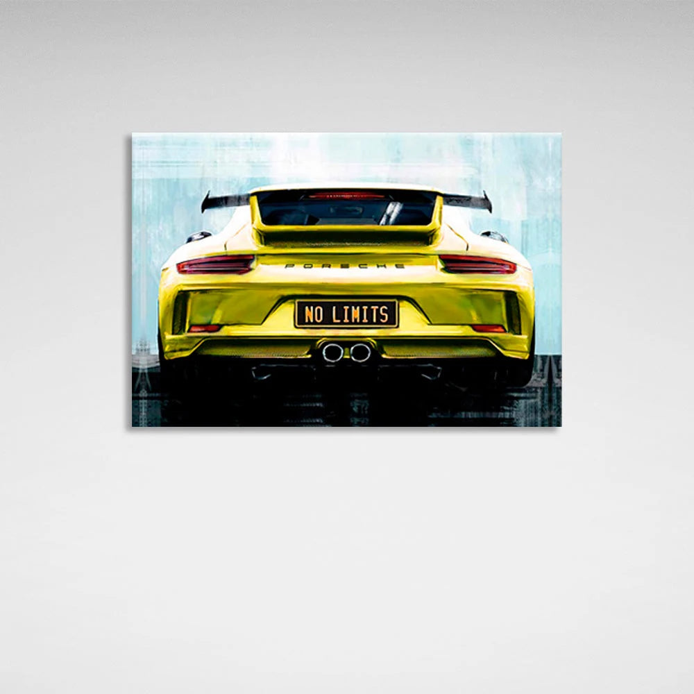 Porsche auf der Rückseite der "No Limit" Nummernschilder Leinwand Wand Kunstdruck