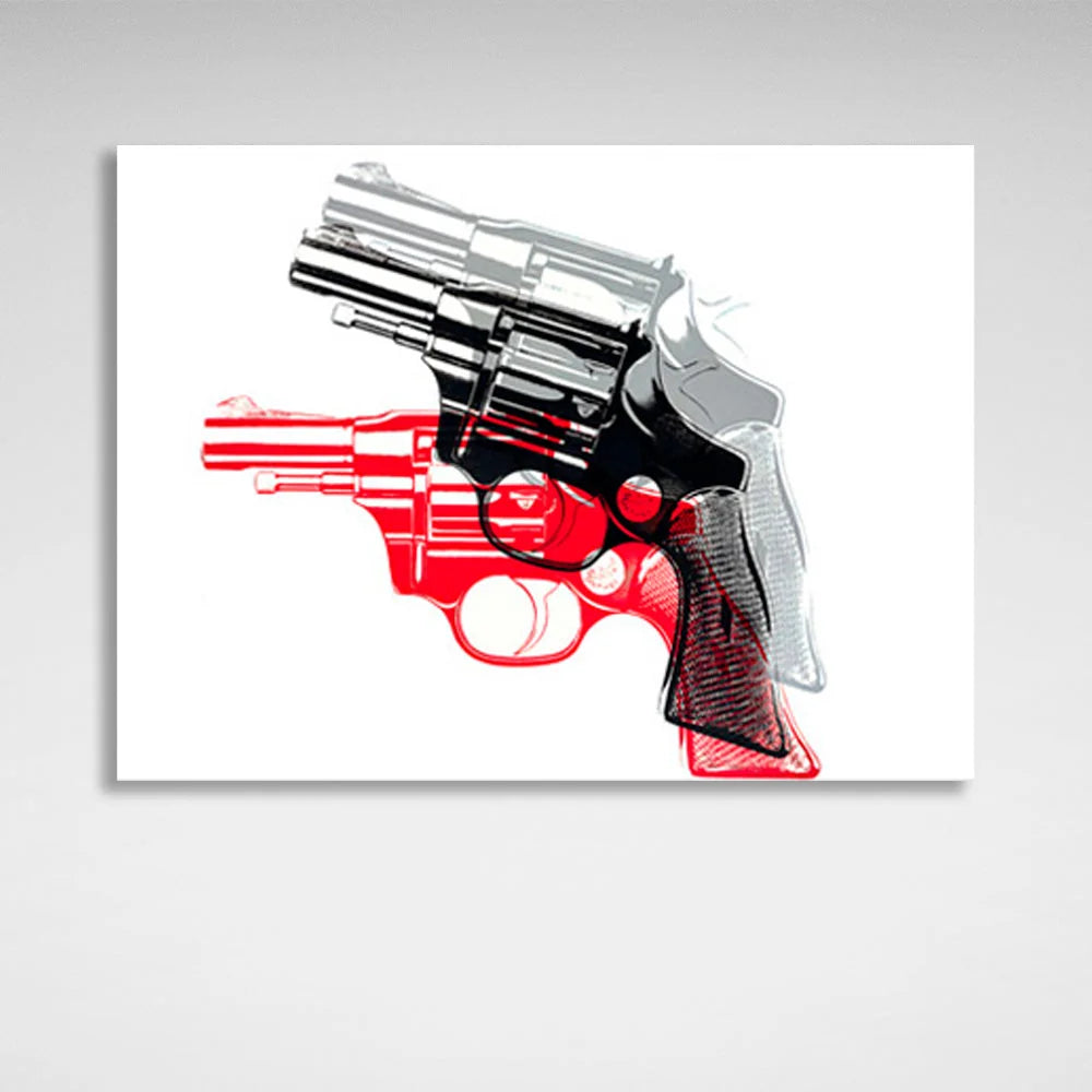 Leinwandbild „Revolver“ mit rotem und grauem Schatten auf weißem Hintergrund
