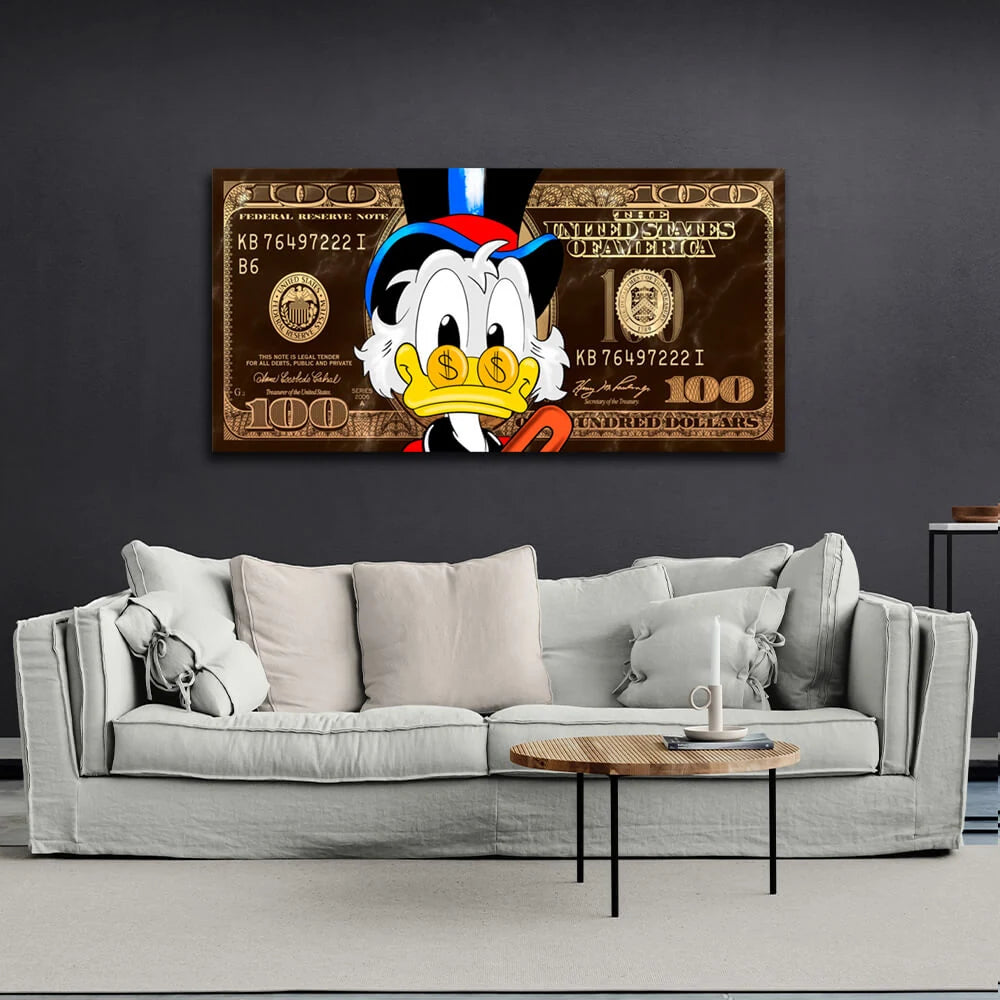 Scrooge 100 Dollar Gold und Braun Inspirierender Leinwand-Kunstdruck
