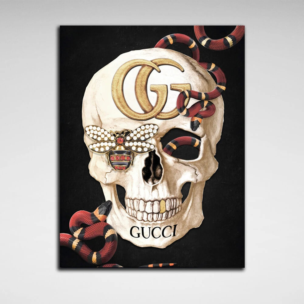 Kunstdruck auf Leinwand mit Totenkopf-Motiv, goldfarben