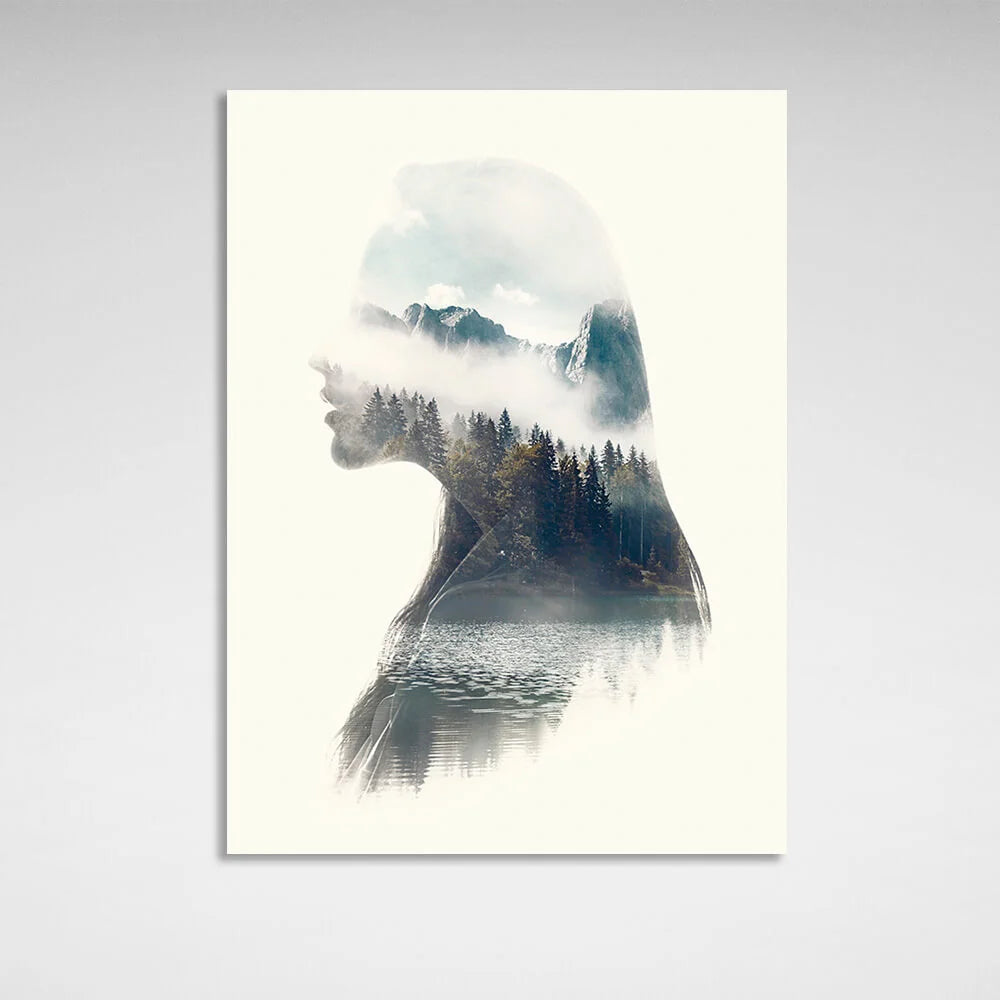 Leinwandbild „Silhouette einer Frau mit Natur im Inneren“ auf weißem Hintergrund.
