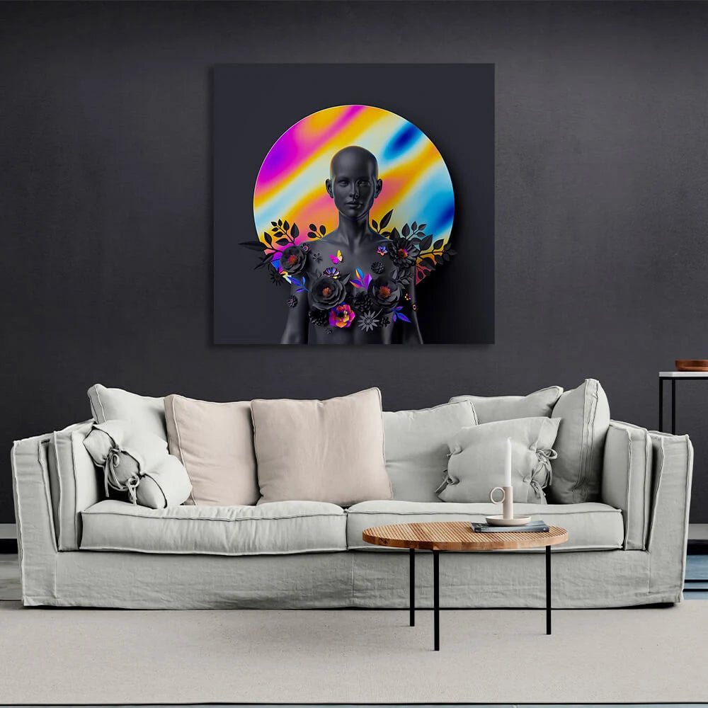 Statue einer Frau mit Blumen auf rundem farbigem Hintergrund, Kunstdruck auf Leinwand