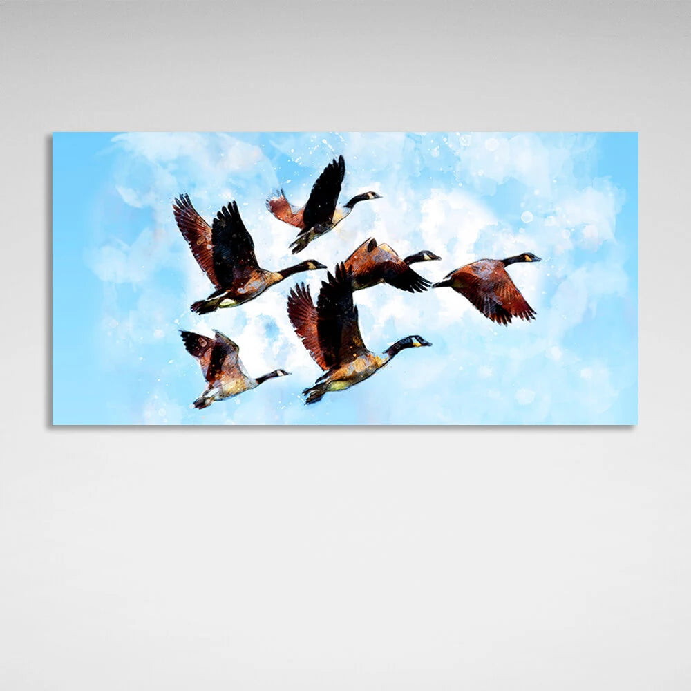 Kunstdruck auf Leinwand, Motiv: Storchenfamilie mit 6 Vögeln am Himmel