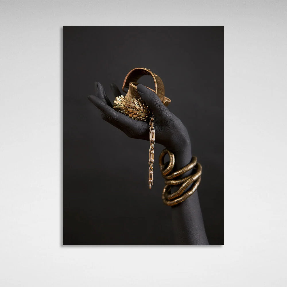 Leinwandbild „Die schwarze Hand einer Frau mit Goldschmuck“