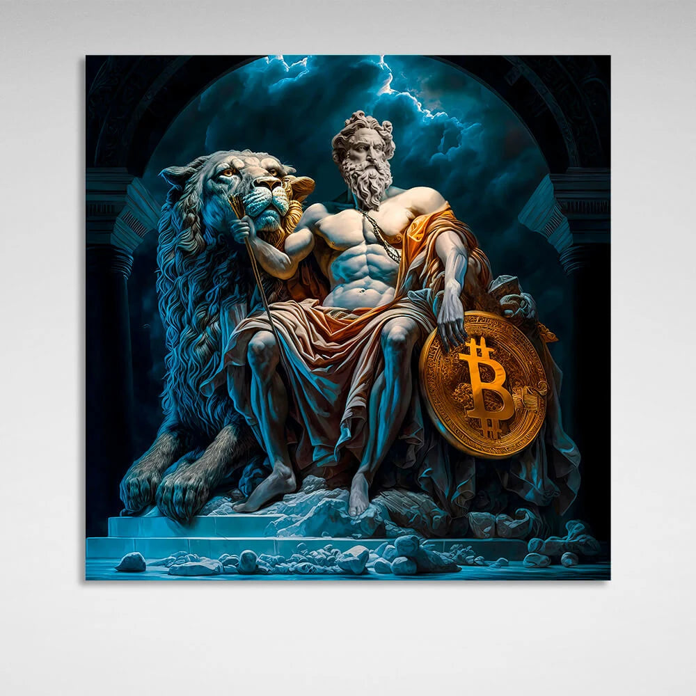 Statuen von Zeus und einem Löwen mit Bitcoin – inspirierender Kunstdruck auf Leinwand