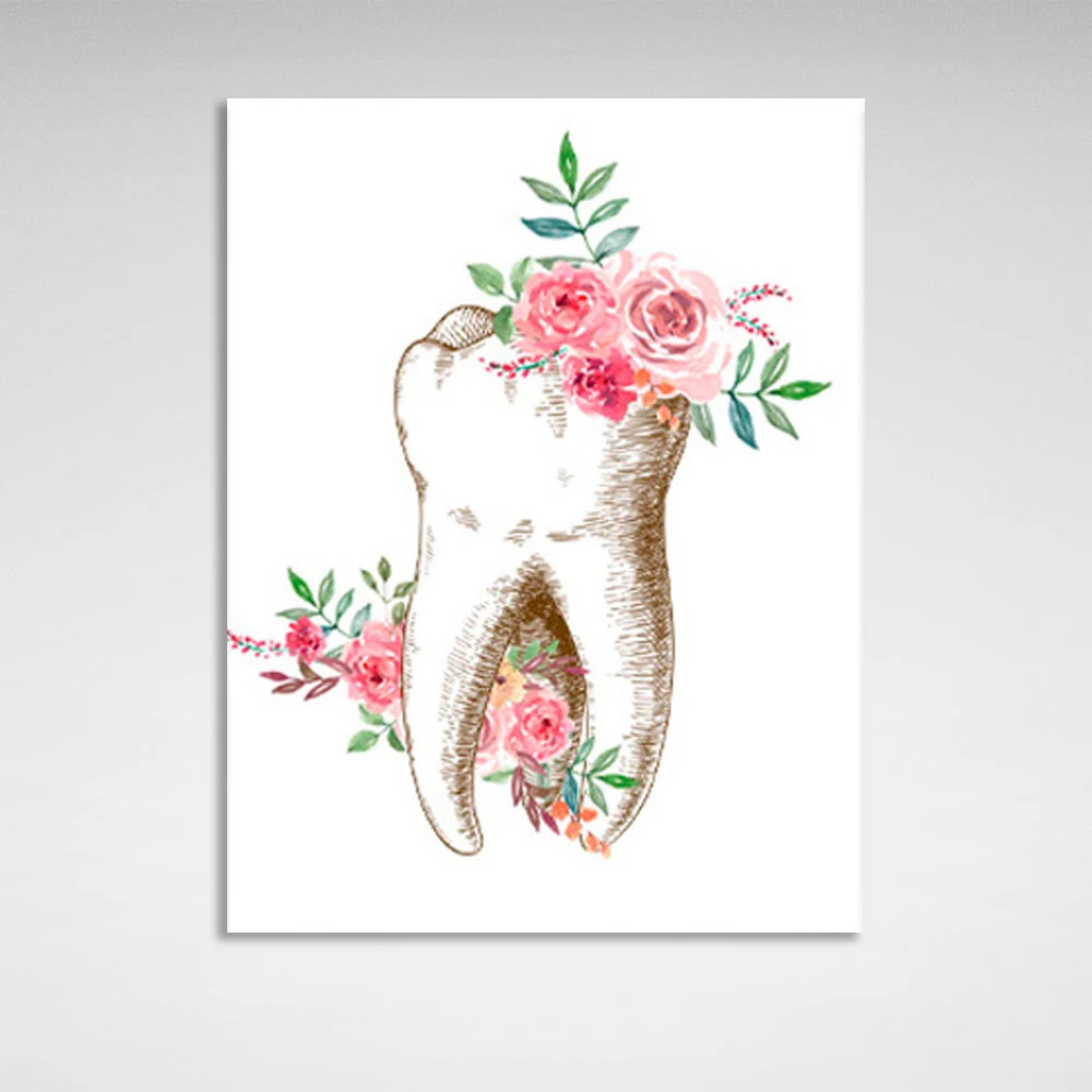 Kunstdruck auf Leinwand mit Zahn und Blumen auf weißem Hintergrund