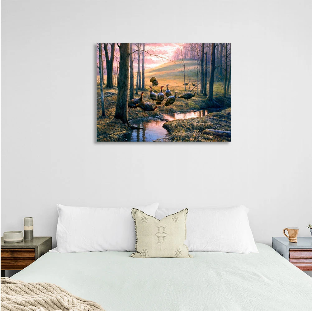 Turkeys in the woods Canvas Wall Art Print