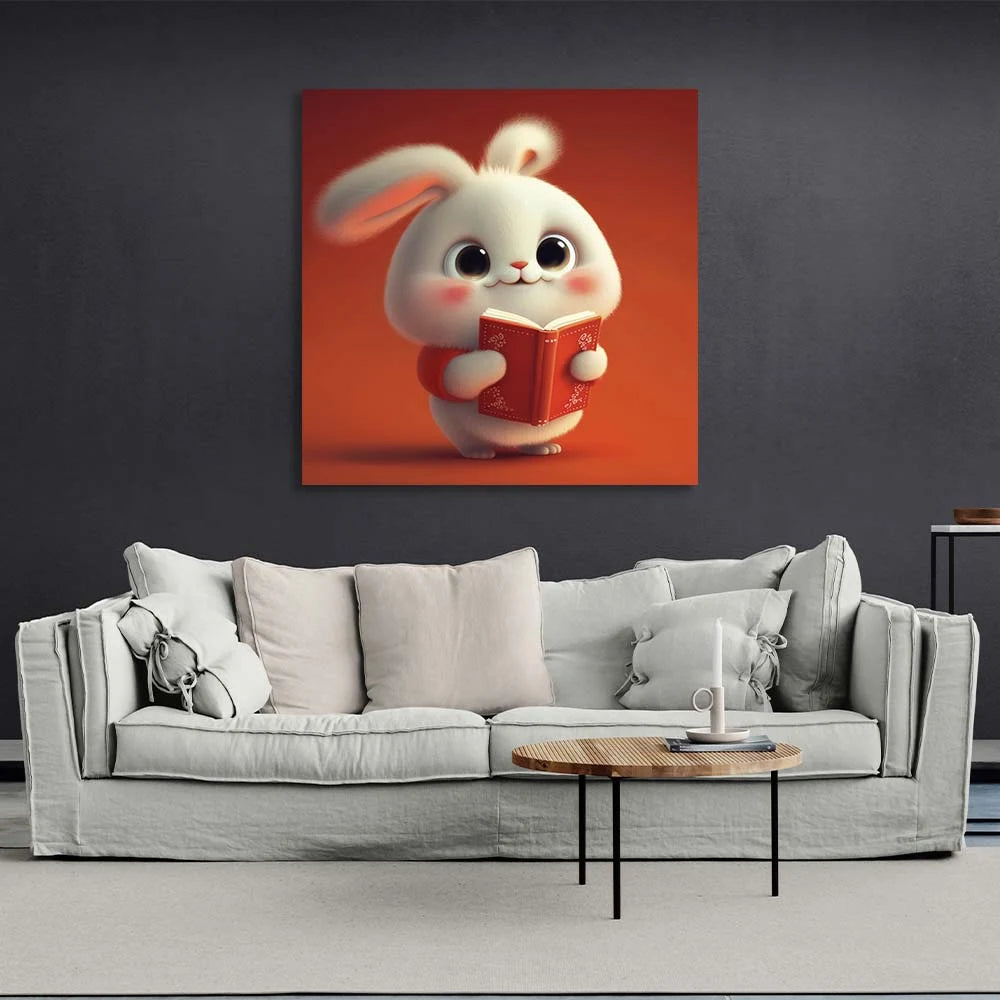 Zum Kinderzimmer Hase mit Buch Leinwandbild Wandbild